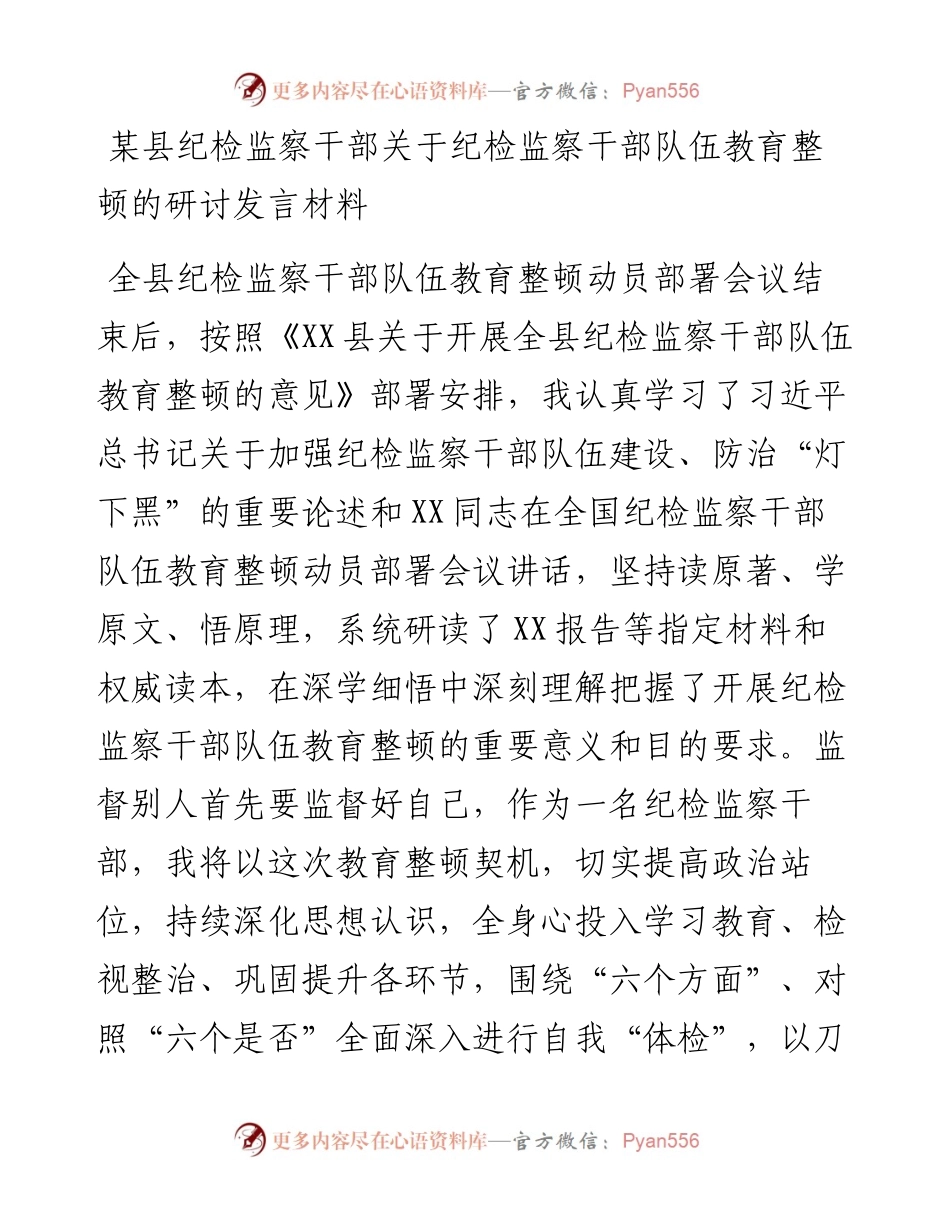 某县纪检监察干部关于纪检监察干部队伍教育整顿的研讨发言材料.docx_第1页