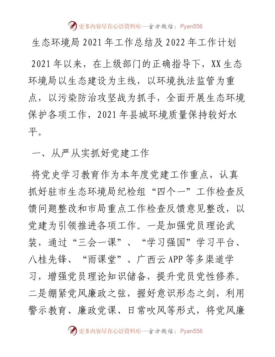 生态环境局工作总结及工作计划.docx_第1页