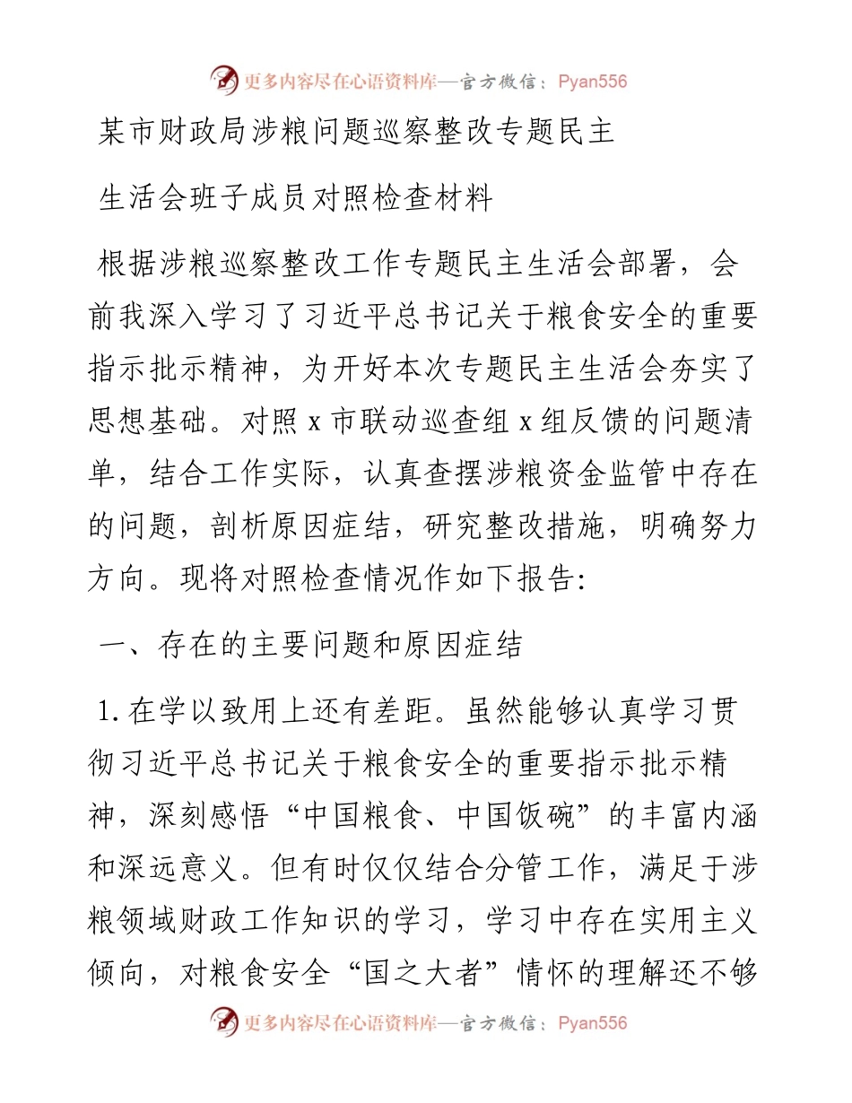 某市财政局涉粮问题巡察整改专题民主生活会班子成员对照检查材料.docx_第1页