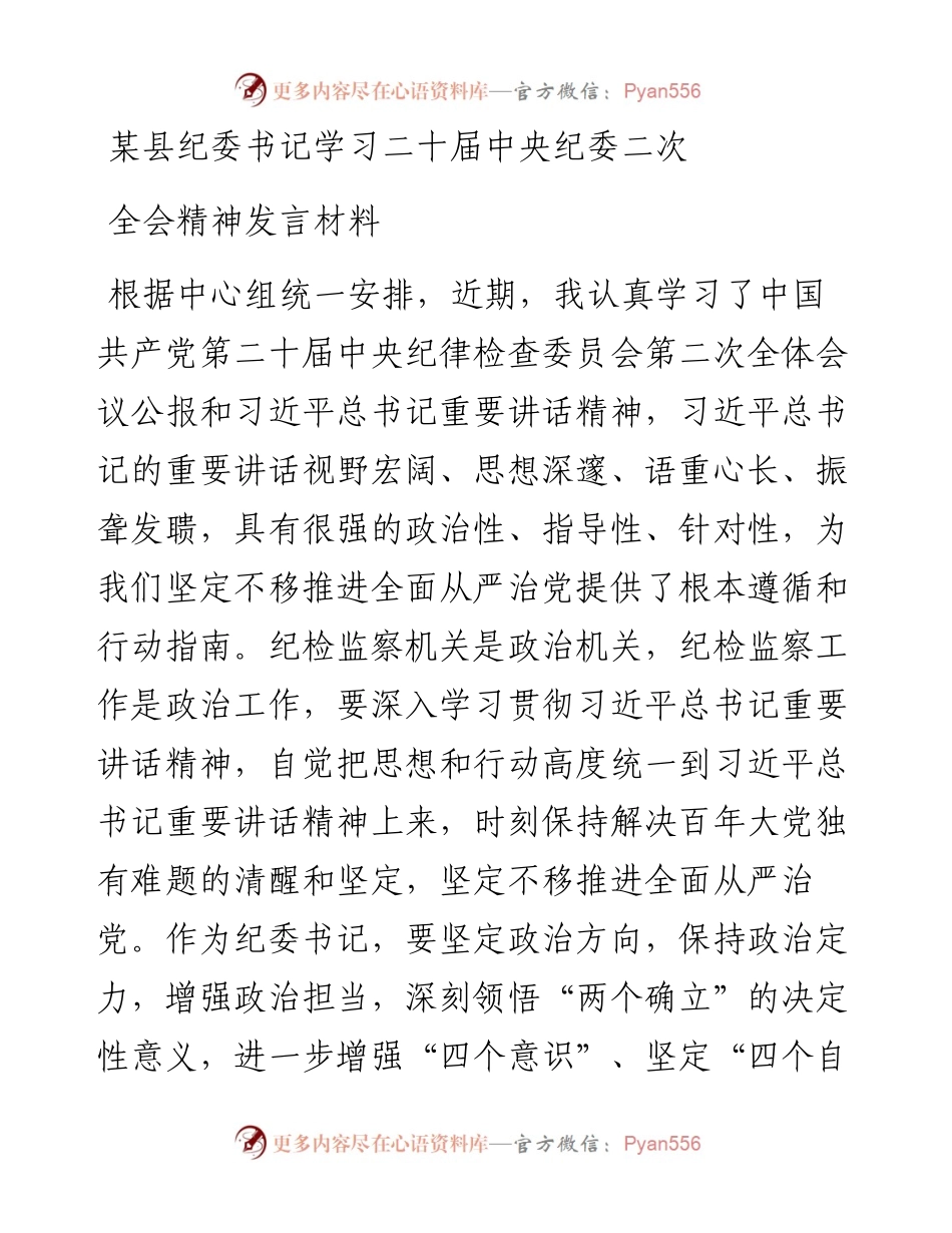 某县纪委书记学习二十届中央纪委二次全会精神发言材料.docx_第1页