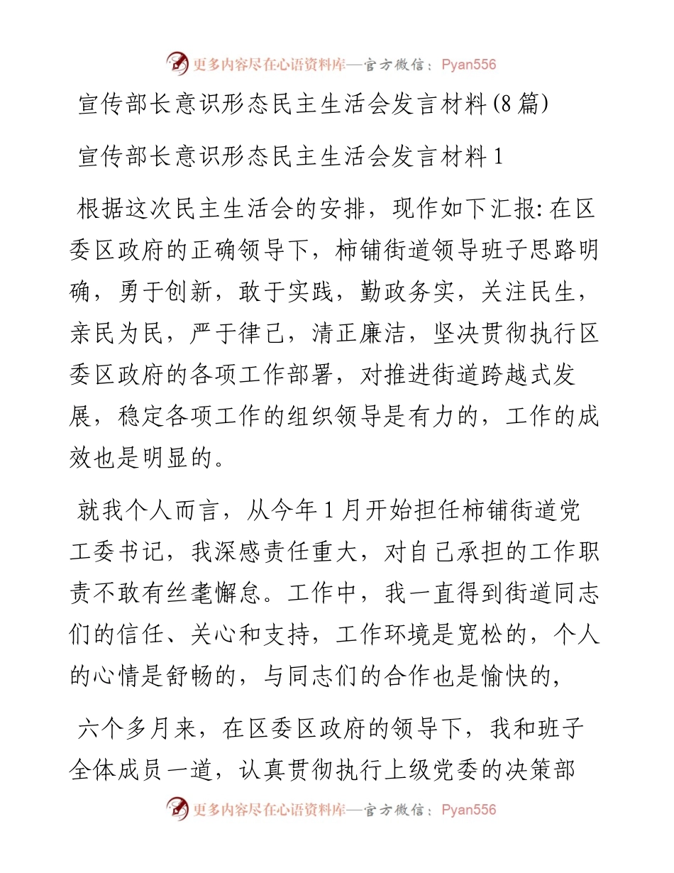 文汇系列5871--宣传部长意识形态民主生活会发言材料汇编.docx_第1页