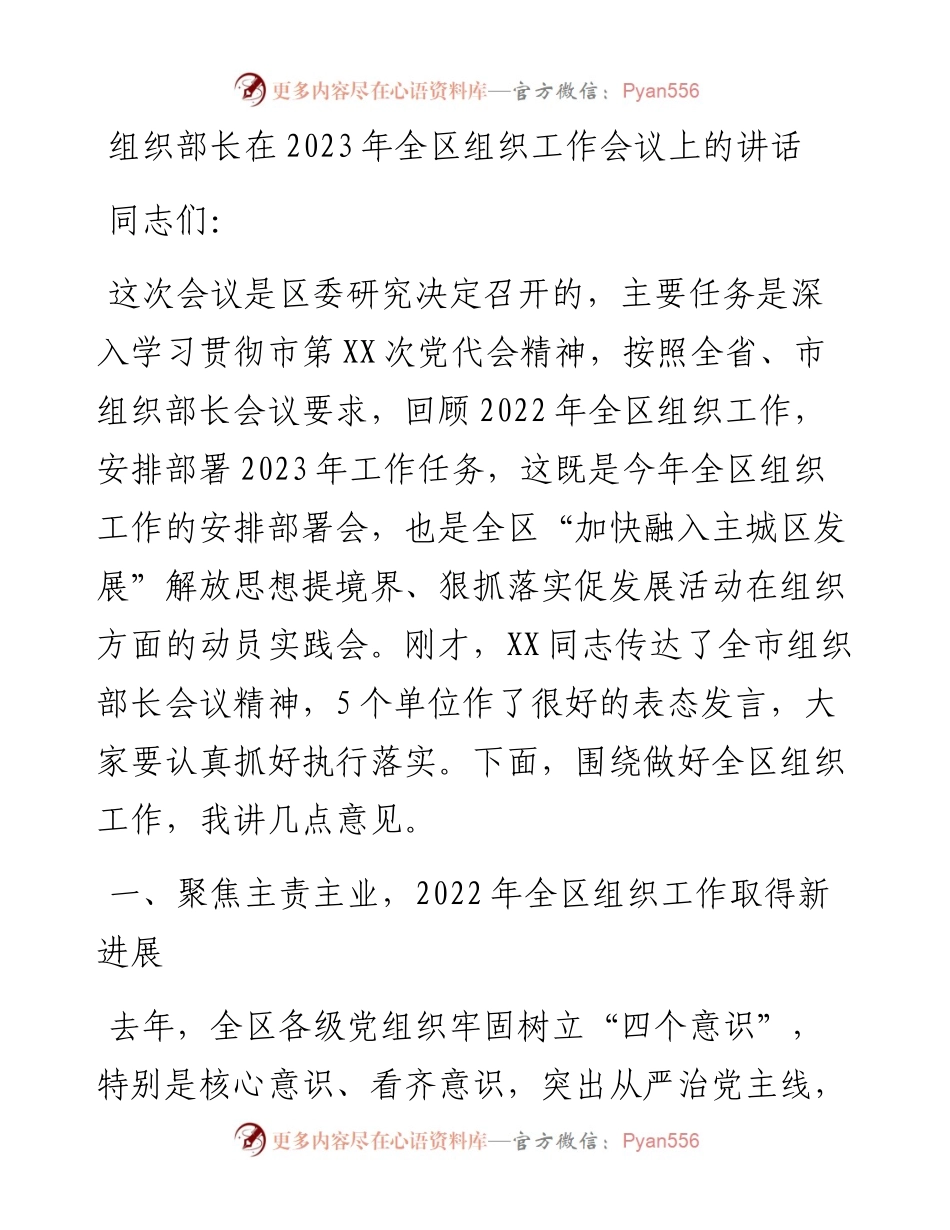 组织部长在2023年全区组织工作会议上的讲话.docx_第1页