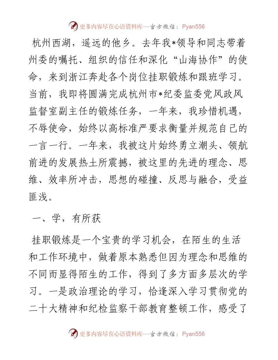 纪委监委党风政风监督室副主任挂职锻炼工作总结.docx_第1页