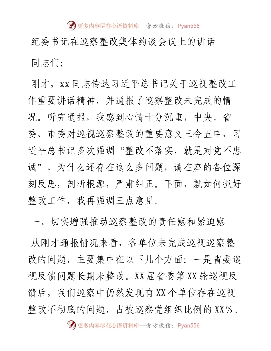 纪委书记在巡察整改集体约谈会议上的讲话(1).docx_第1页