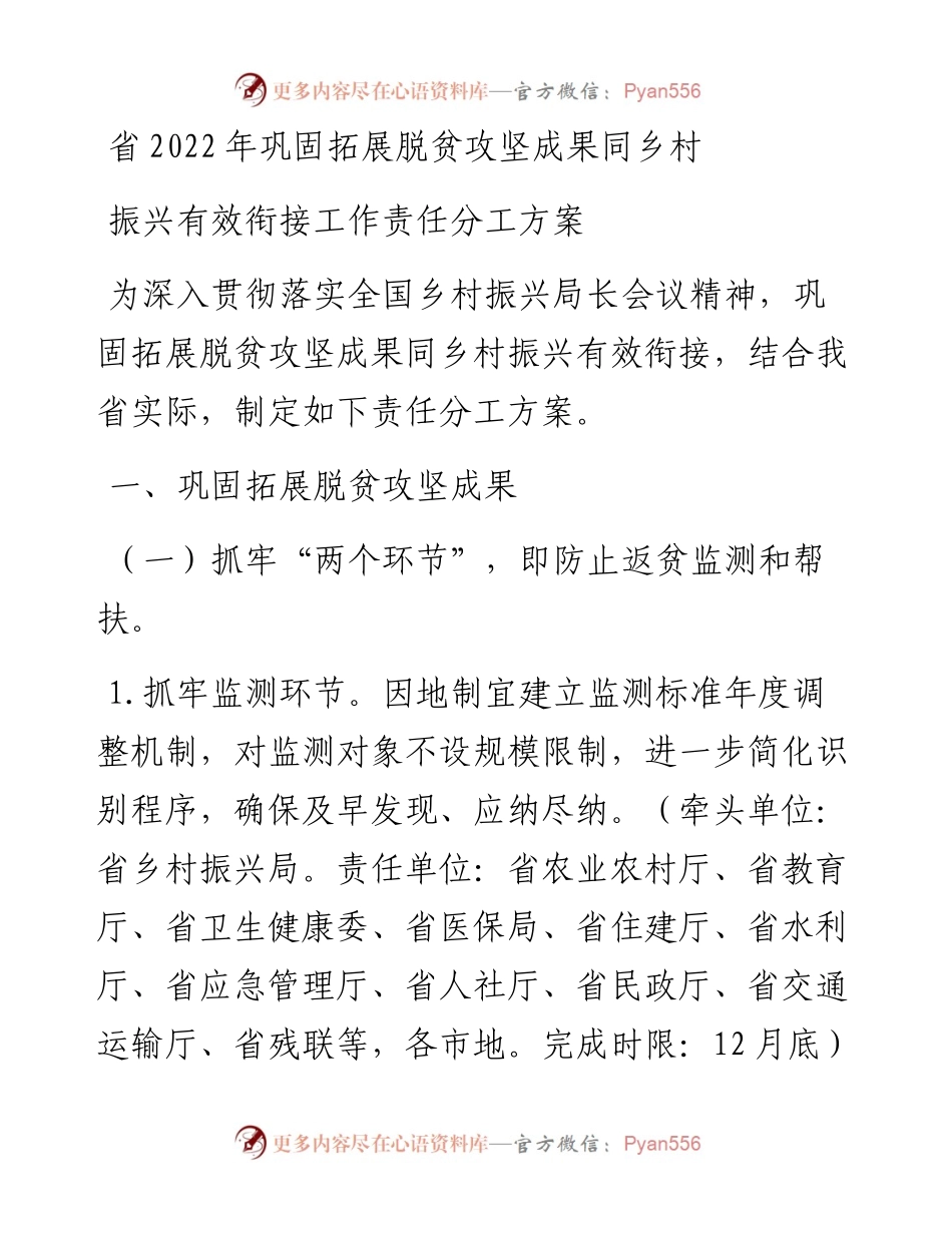 省巩固拓展脱贫攻坚成果同乡村振兴有效衔接工作责任分工方案.docx_第1页