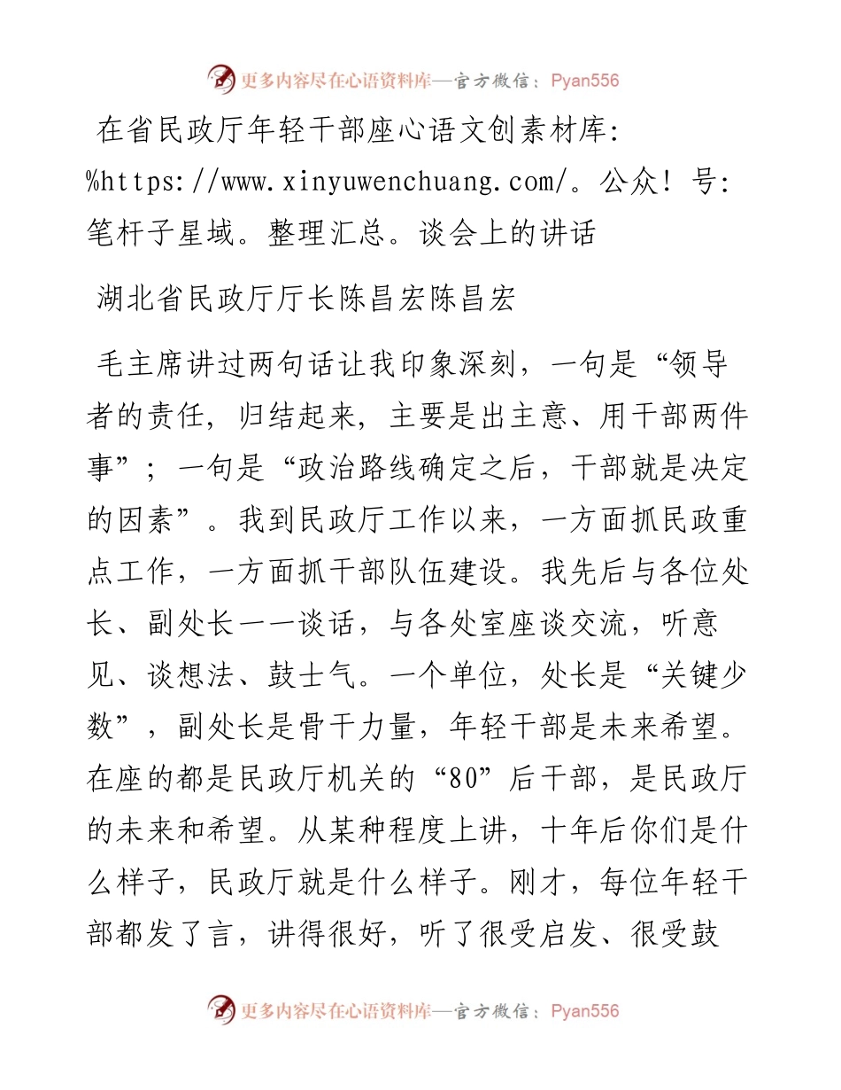 湖北省民政厅厅长陈昌宏：在省民政厅年轻干部座谈会上的讲话.docx_第1页