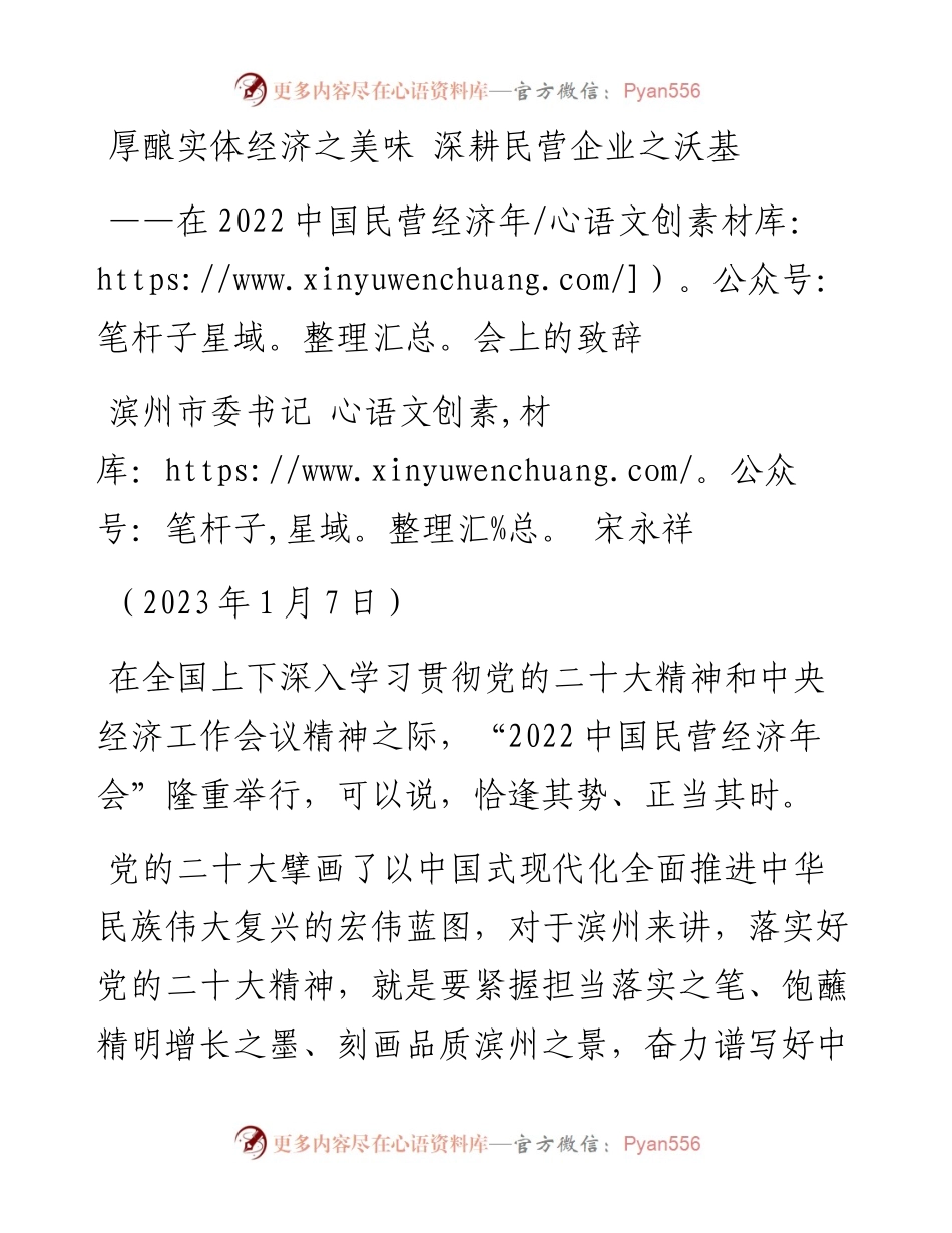 滨州市委书记宋永祥：在中国民营经济年会上的致辞（20230107）.docx_第1页
