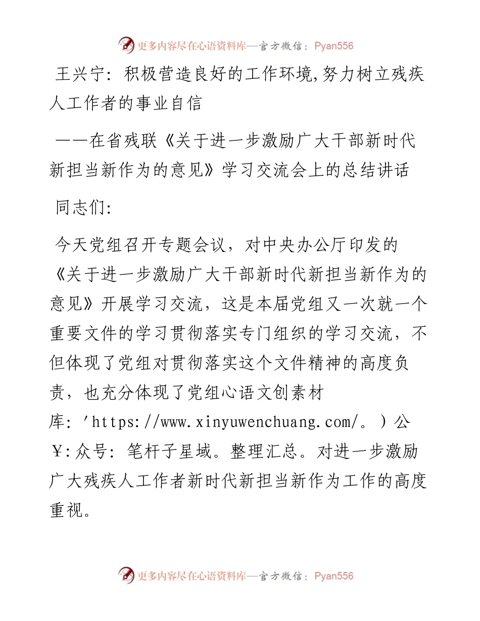 王兴宁：积极营造良好的工作环境,努力树立残疾人工作者的事业自信 .docx_第1页