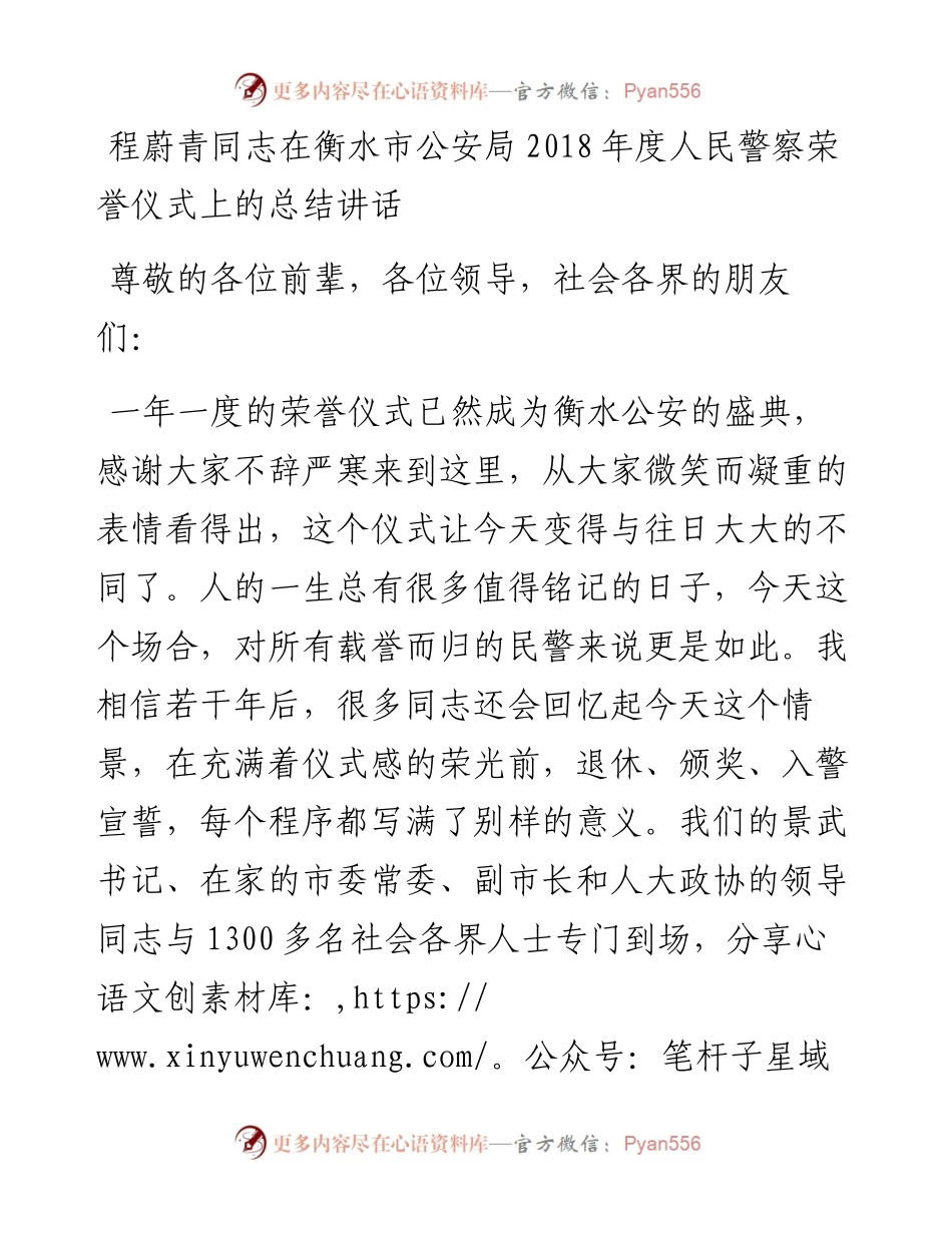 程蔚青：在衡水市公安局度人民警察荣誉仪式上的总结讲话.docx_第1页