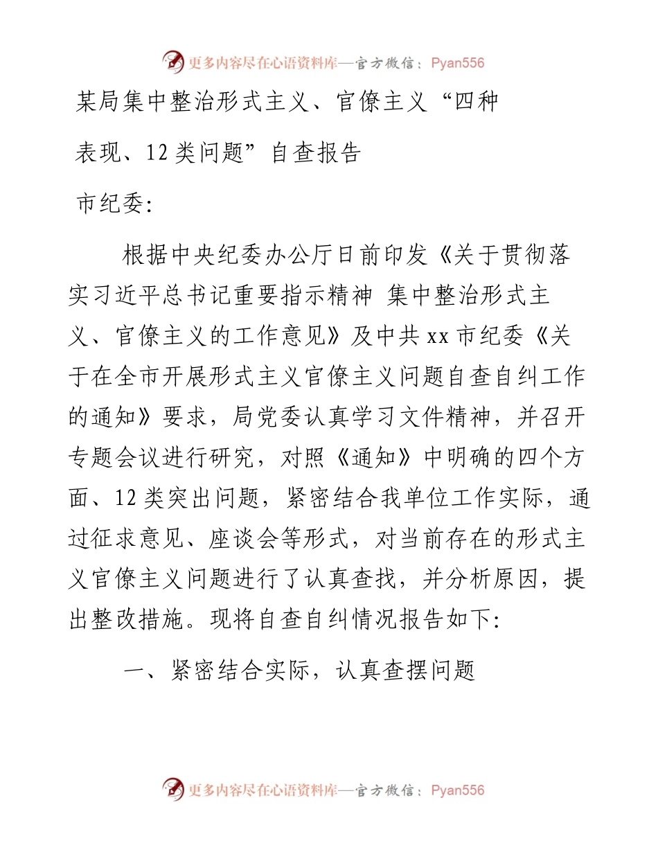 某局集中整治形式主义、官僚主义“四种表现、12类问题”自查报告.docx_第1页