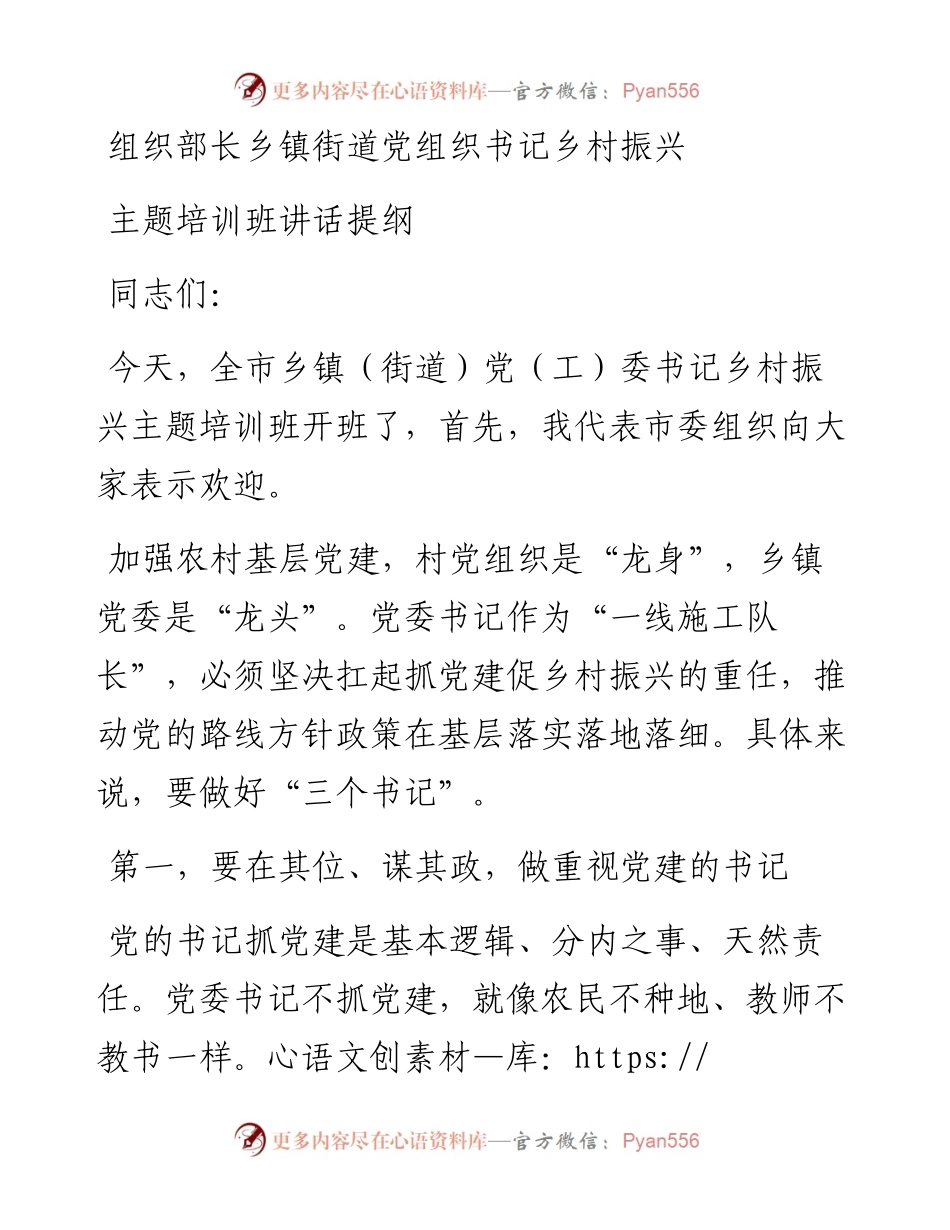 组织部长乡镇街道党组织书记乡村振兴主题培训班讲话提纲.docx_第1页