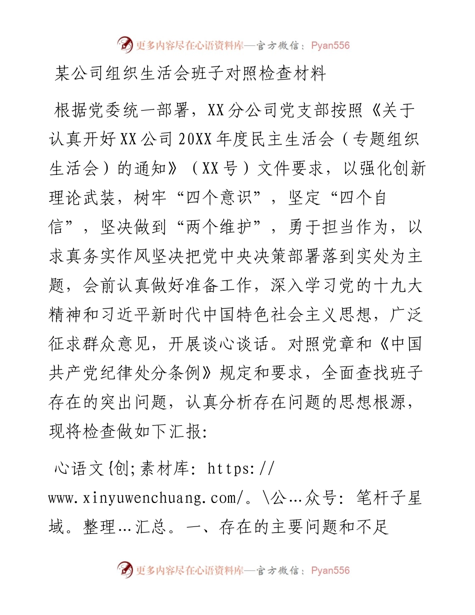 某公司组织生活会班子对照检查材料参考范文.docx_第1页