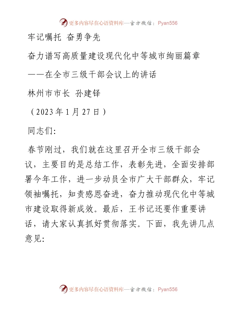林州市市长孙建铎：在全市三级干部会议上的讲话（20230127）.docx_第1页
