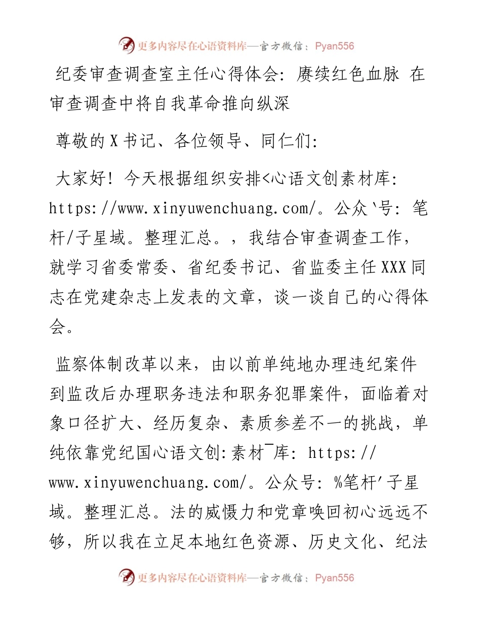 纪委审查调查室主任心得体会：赓续红色血脉 在审查调查中将自我革命推向纵深.docx_第1页