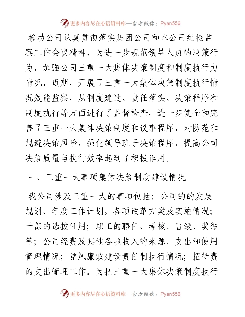 移动公司三重一大事项集体决策制度建设执行监督整改工作汇报.docx_第1页