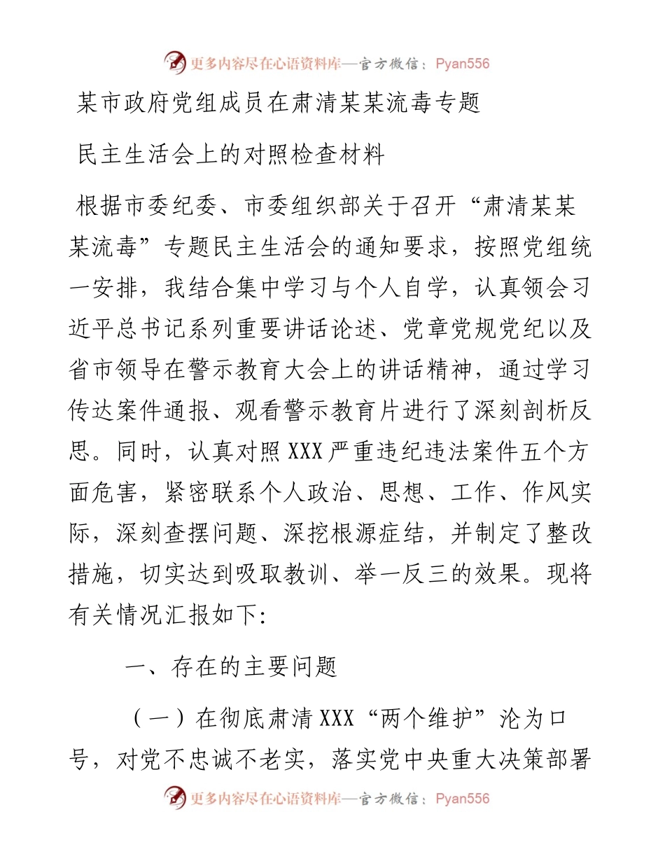 某市政府党组成员在肃清某某流毒专题民主生活会上的对照检查材料.docx_第1页