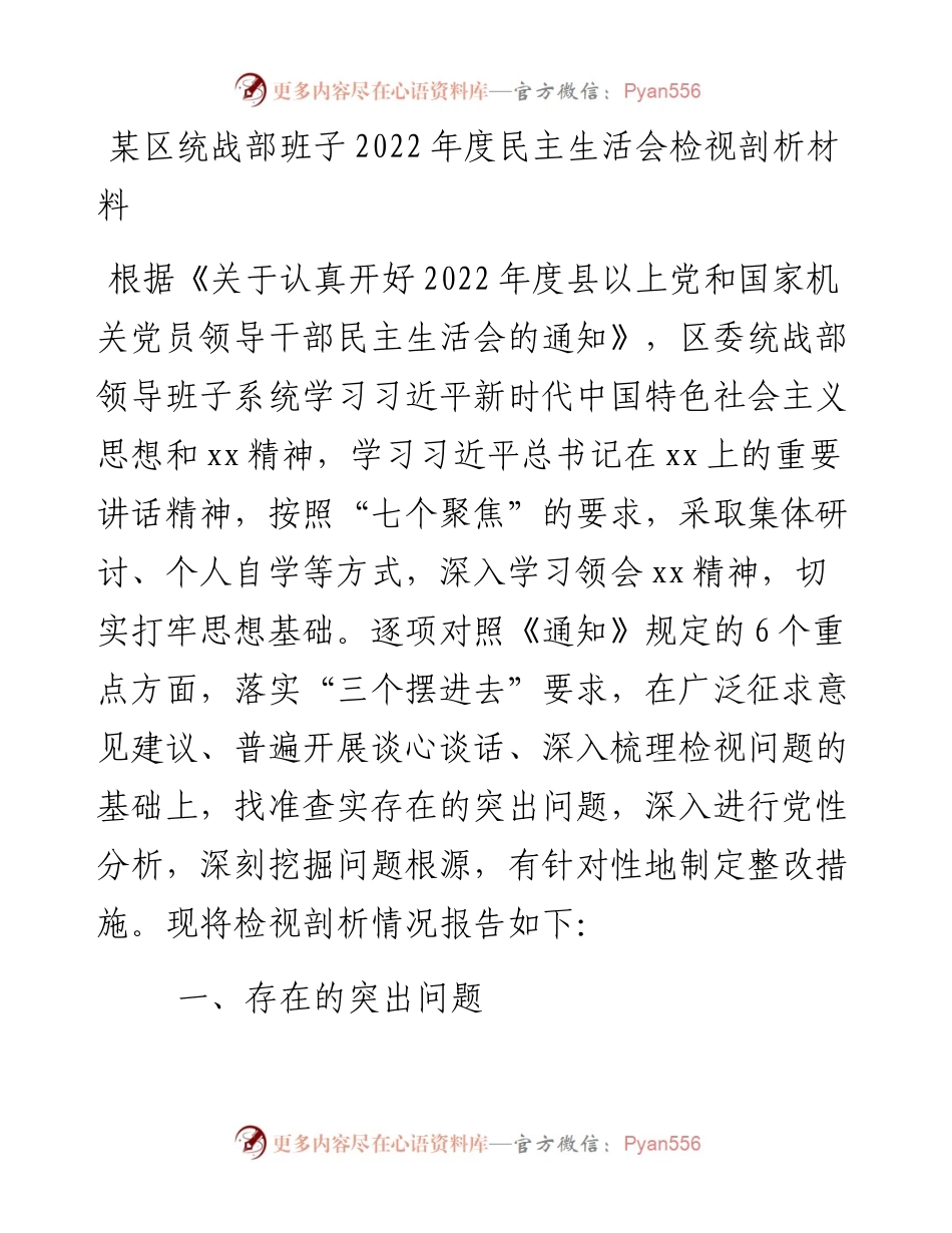 某区统战部班子度民主生活会检视剖析材料.docx_第1页
