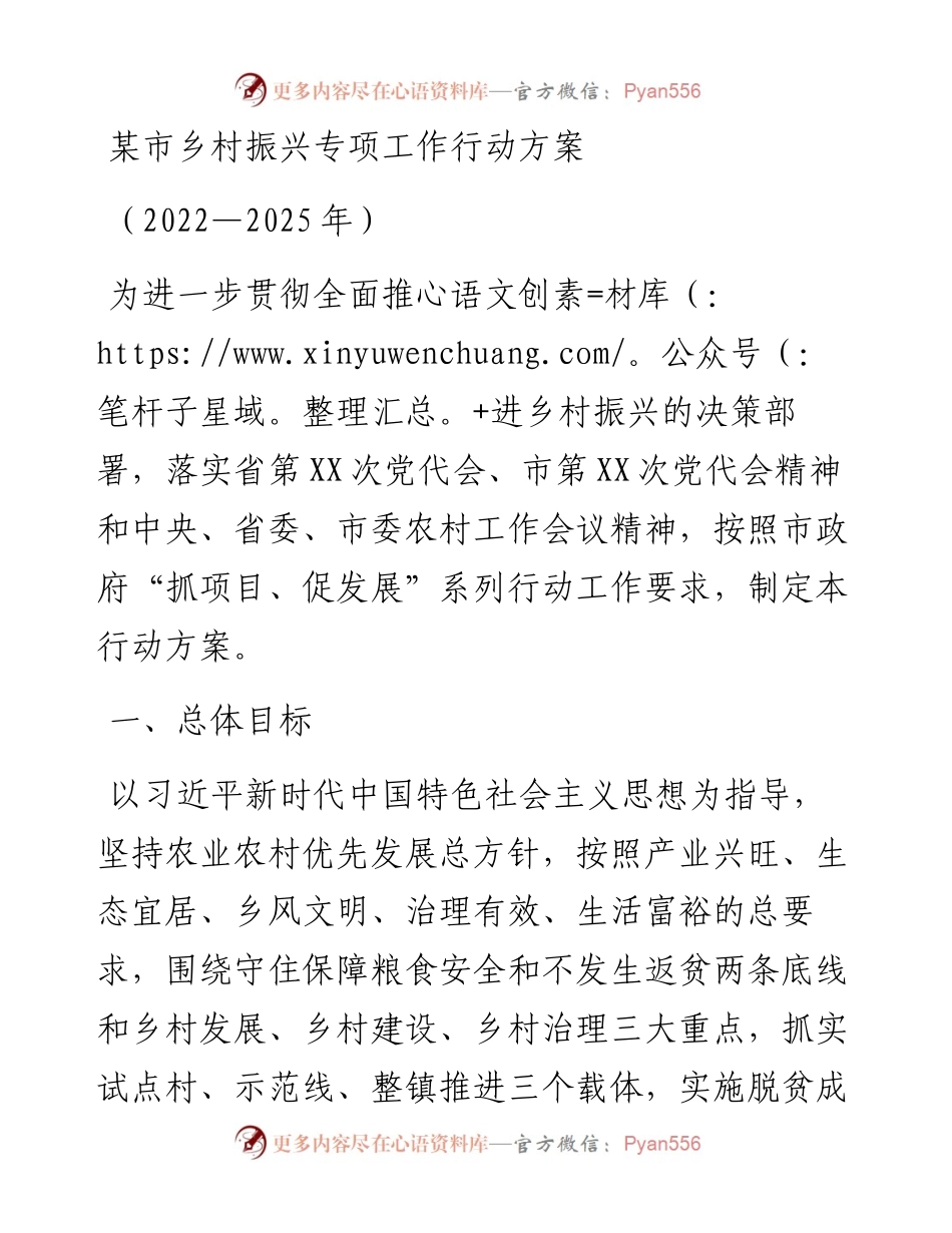 某市乡村振兴专项工作行动方案（—2025年）.docx_第1页