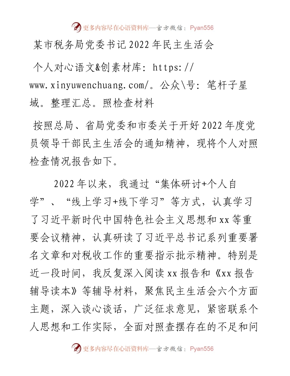 某市税务局党委书记民主生活会个人对照检查材料.docx_第1页