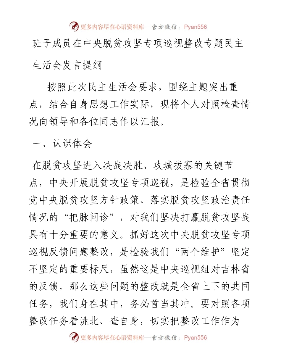班子成员在中央脱贫攻坚专项巡视整改专题民主生活会发言提纲.docx_第1页
