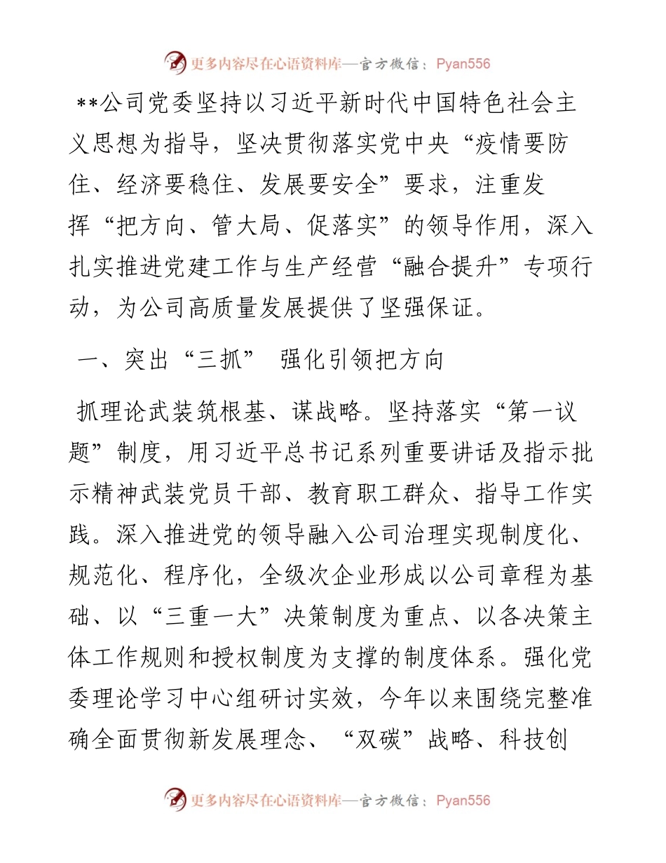 某国有企业党建赋能促发展工作情况总结.docx_第1页