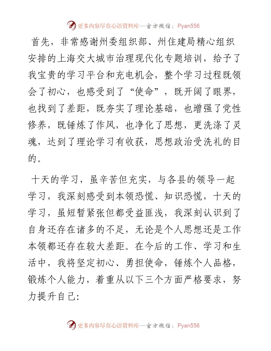 某党员干部在城市治理现代化专题培训总结会上的发言.docx_第1页