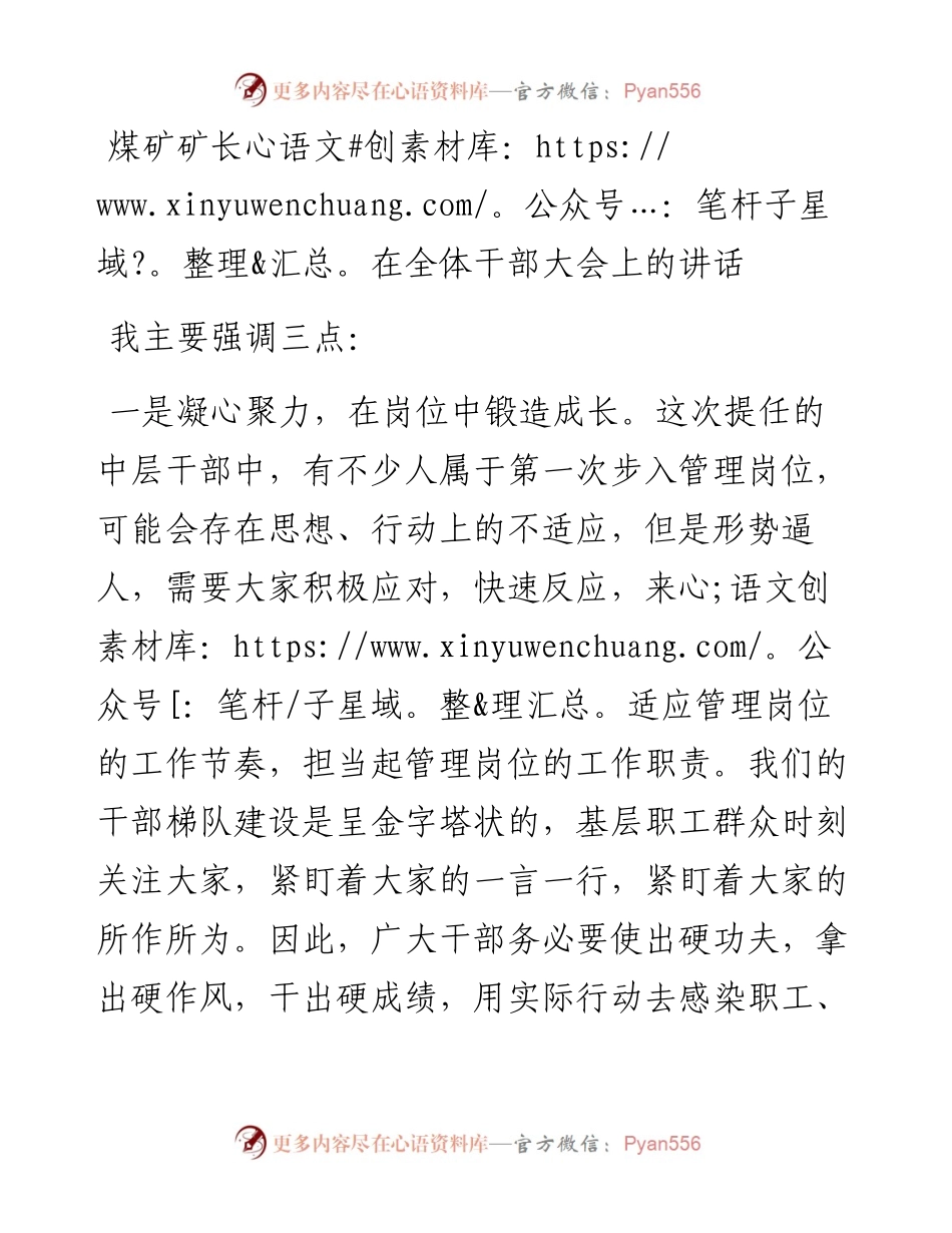 煤矿矿长在全体干部大会上的讲话.docx_第1页