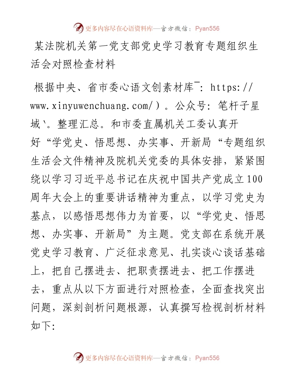 某法院机关第一党支部党史学习教育专题组织生活会对照检查材料.docx_第1页