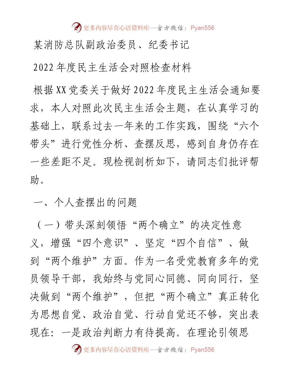 某消防总队副政治委员、纪委书记度民主生活会对照检查材料.docx_第1页