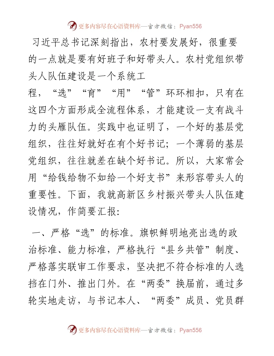某区农村带头人队伍建设汇报提纲.docx_第1页