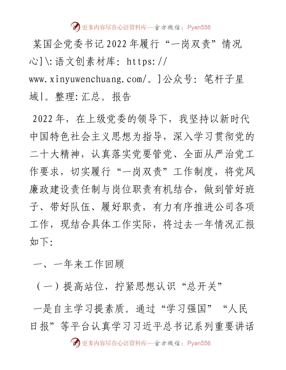 某国企党委书记履行“一岗双责”情况报告.docx_第1页