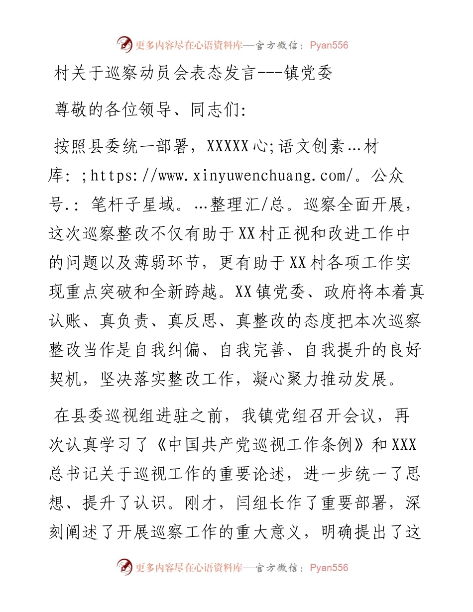 村关于巡察动员会表态发言(镇党委).docx_第1页