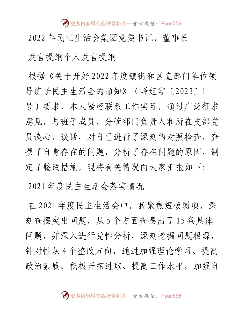 民主生活会集团党委书记、董事长发言提纲个人发言提纲.docx_第1页