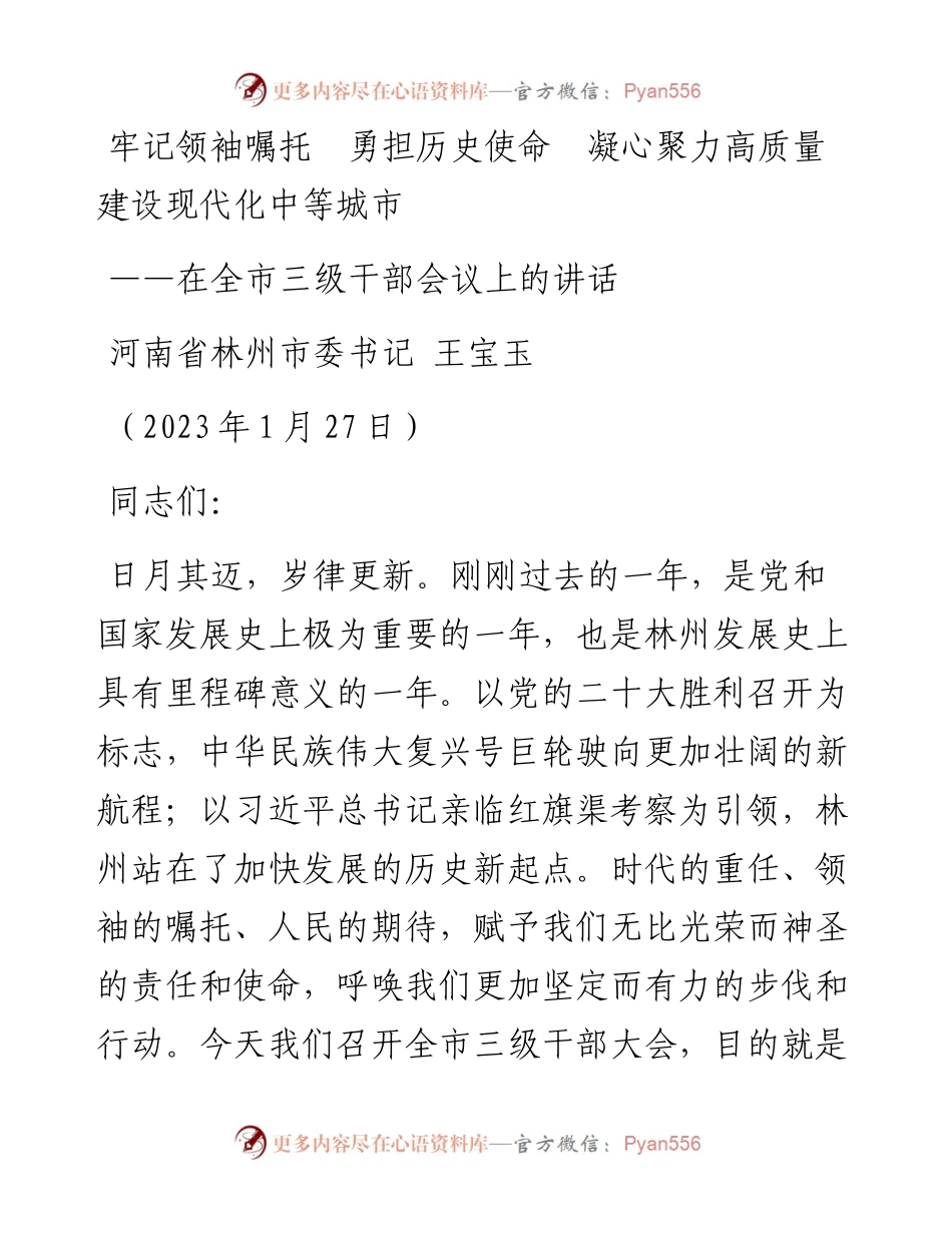 林州市委书记王宝玉：在全市三级干部会议上的讲话（20230127）.docx_第1页