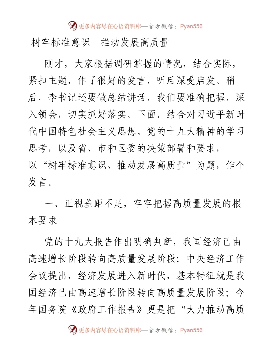 树牢标准意识推动发展高质量(务虚会发言)4.docx_第1页