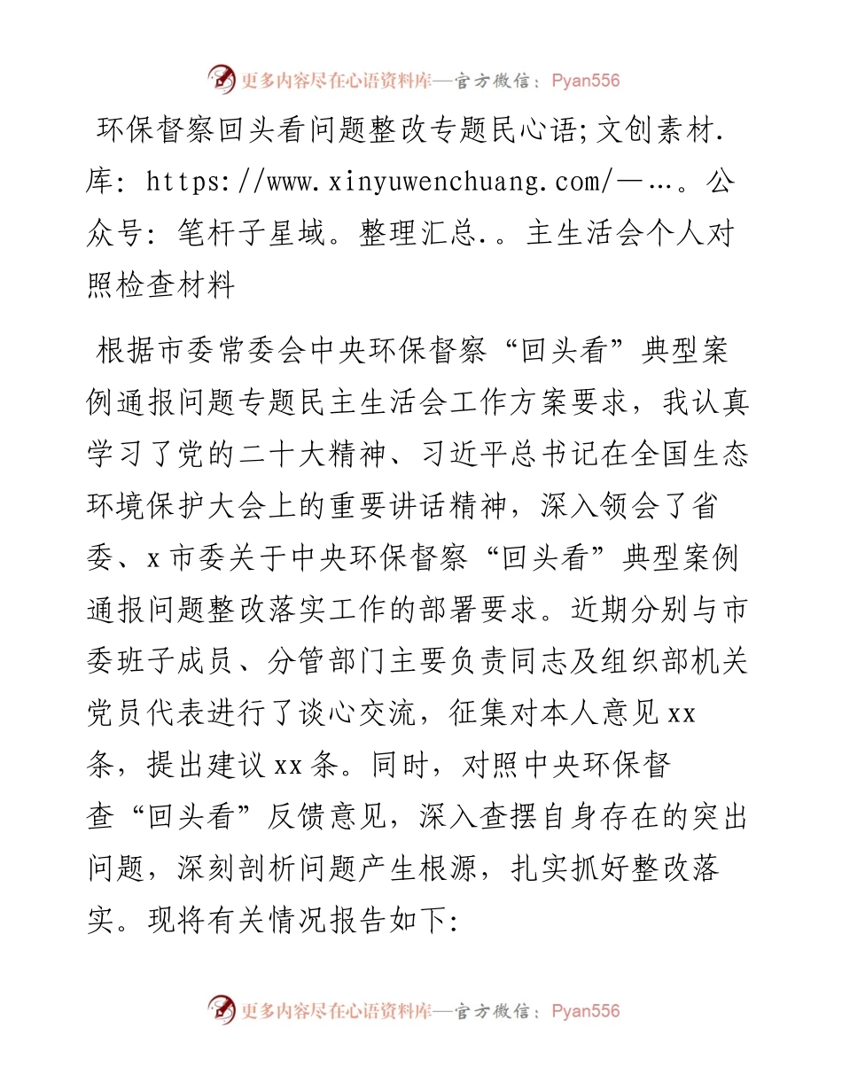 环保督察回头看问题整改专题民主生活会个人对照检查材料.docx_第1页