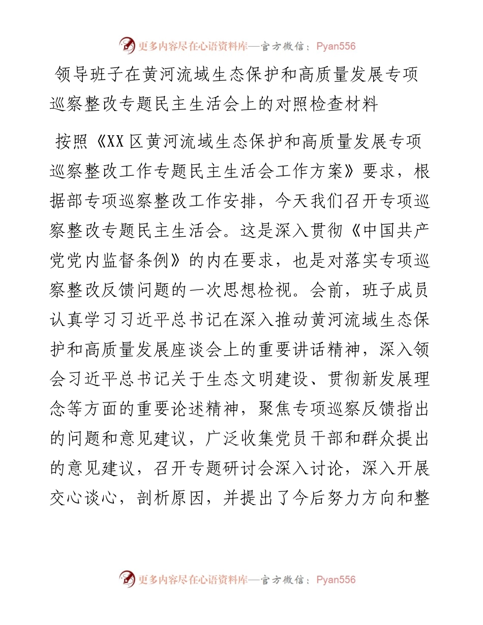 民主生活会领导班子在黄河流域生态保护和高质量发展专项巡察整改专题民主生活会上的对照检查材料.docx_第1页