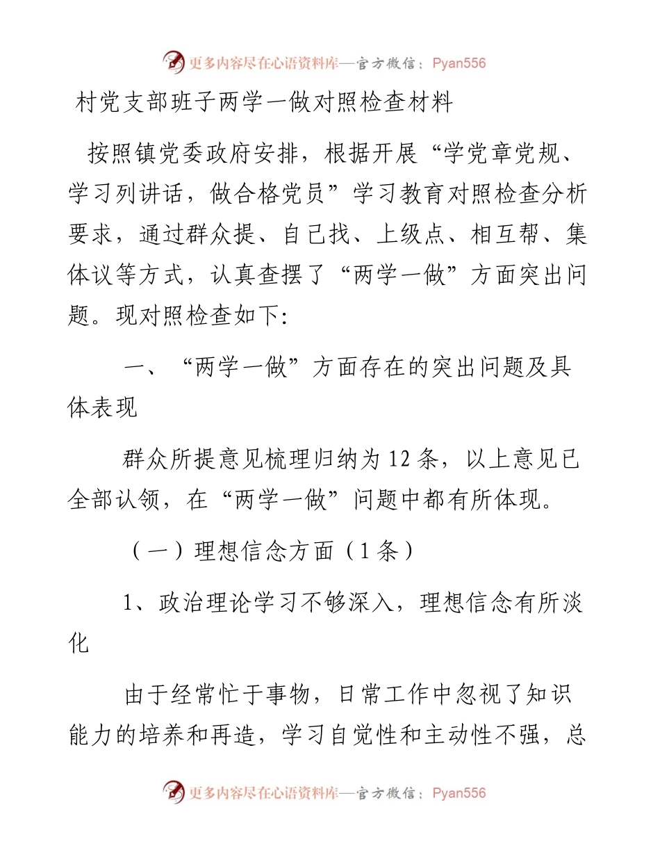 村党支部班子两学一做对照检查材料.docx_第1页
