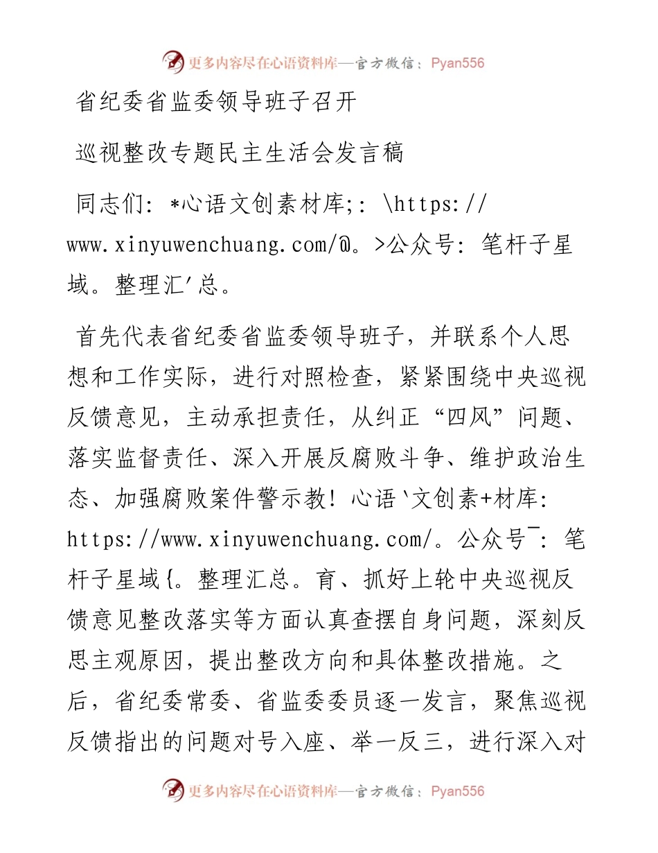 省纪委省监委领导班子召开巡视整改专题民主生活会发言稿.docx_第1页