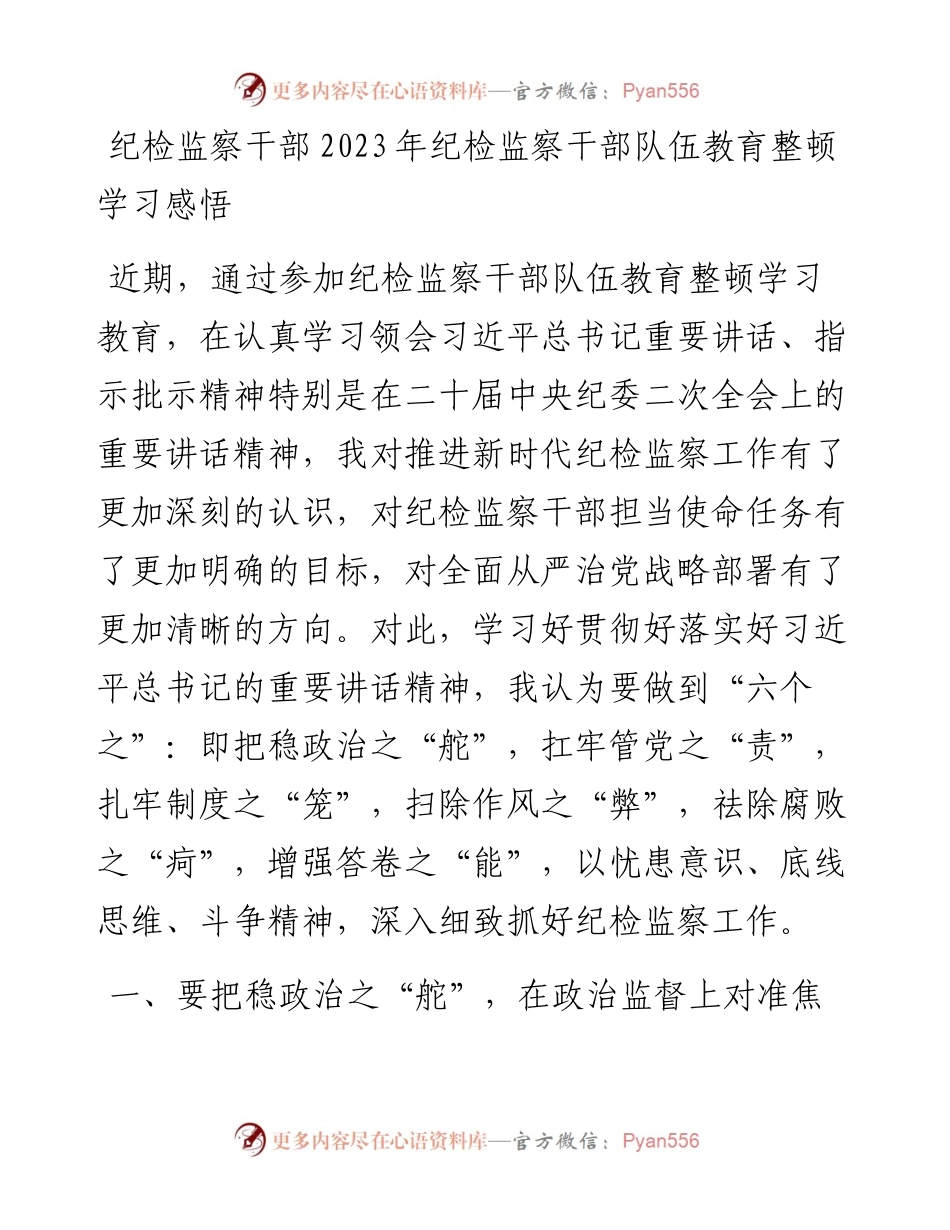 纪检监察干部2023年纪检监察干部队伍教育整顿学习感悟.docx_第1页