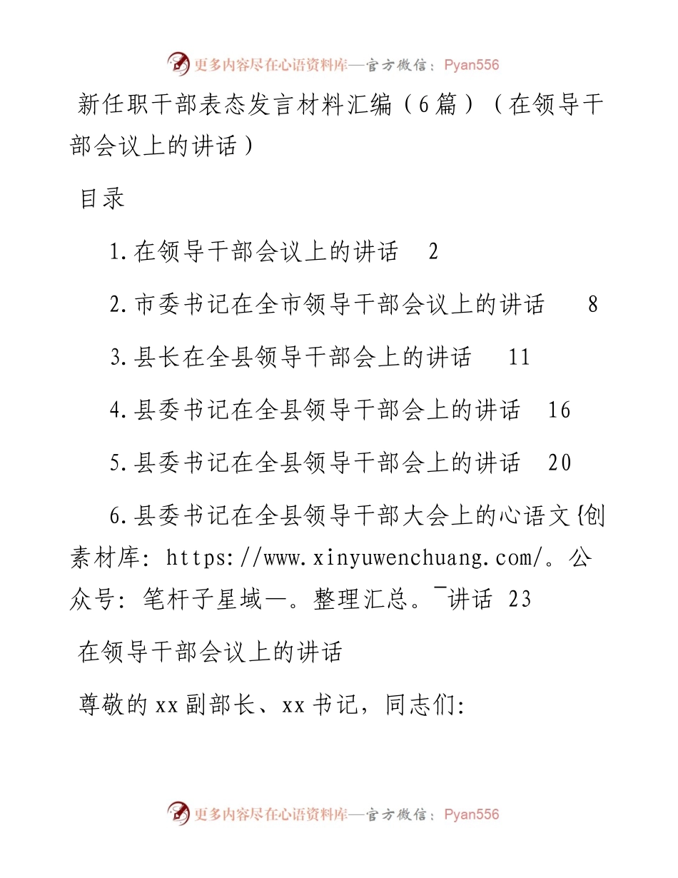 新任职干部表态发言材料汇编（6篇）（在领导干部会议上的讲话）.docx_第1页