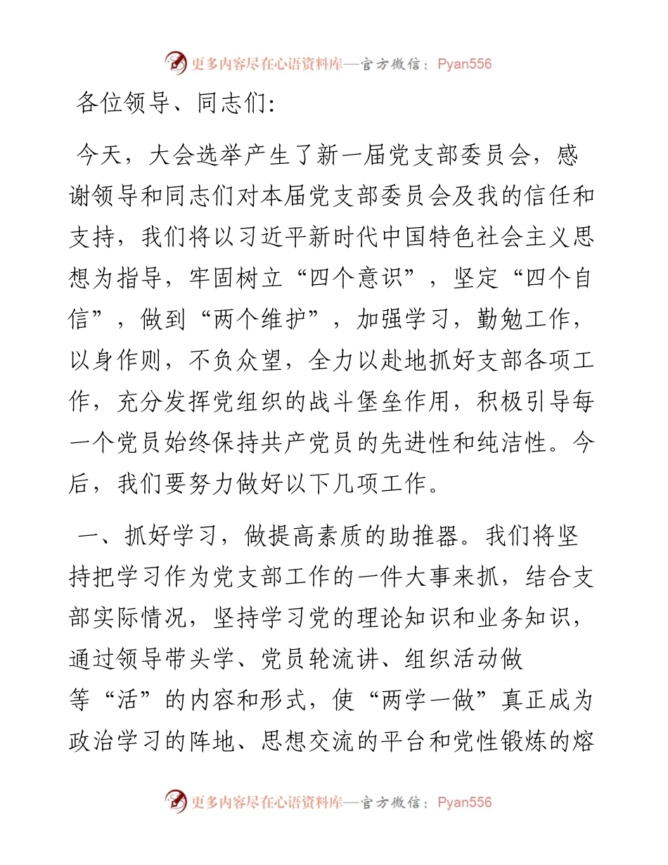 新当选党支部书记代表新一届支部委员会表态发言.docx_第1页