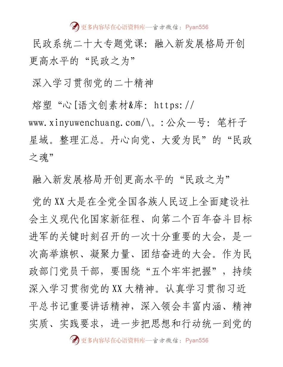 民政系统二十大专题党课：融入新发展格局开创更高水平的“民政之为”.docx_第1页