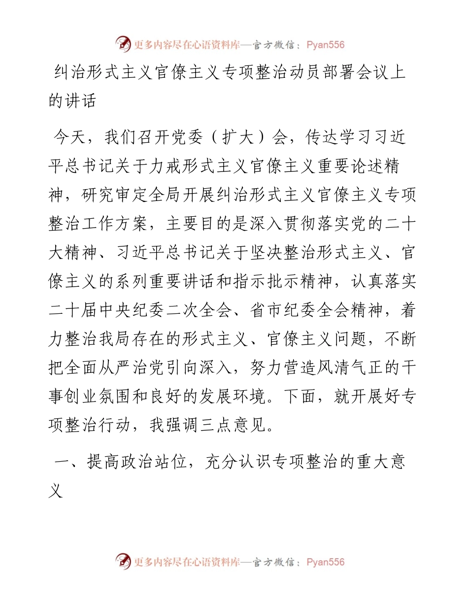 纠治形式主义官僚主义专项整治动员部署会议上的讲话.docx_第1页