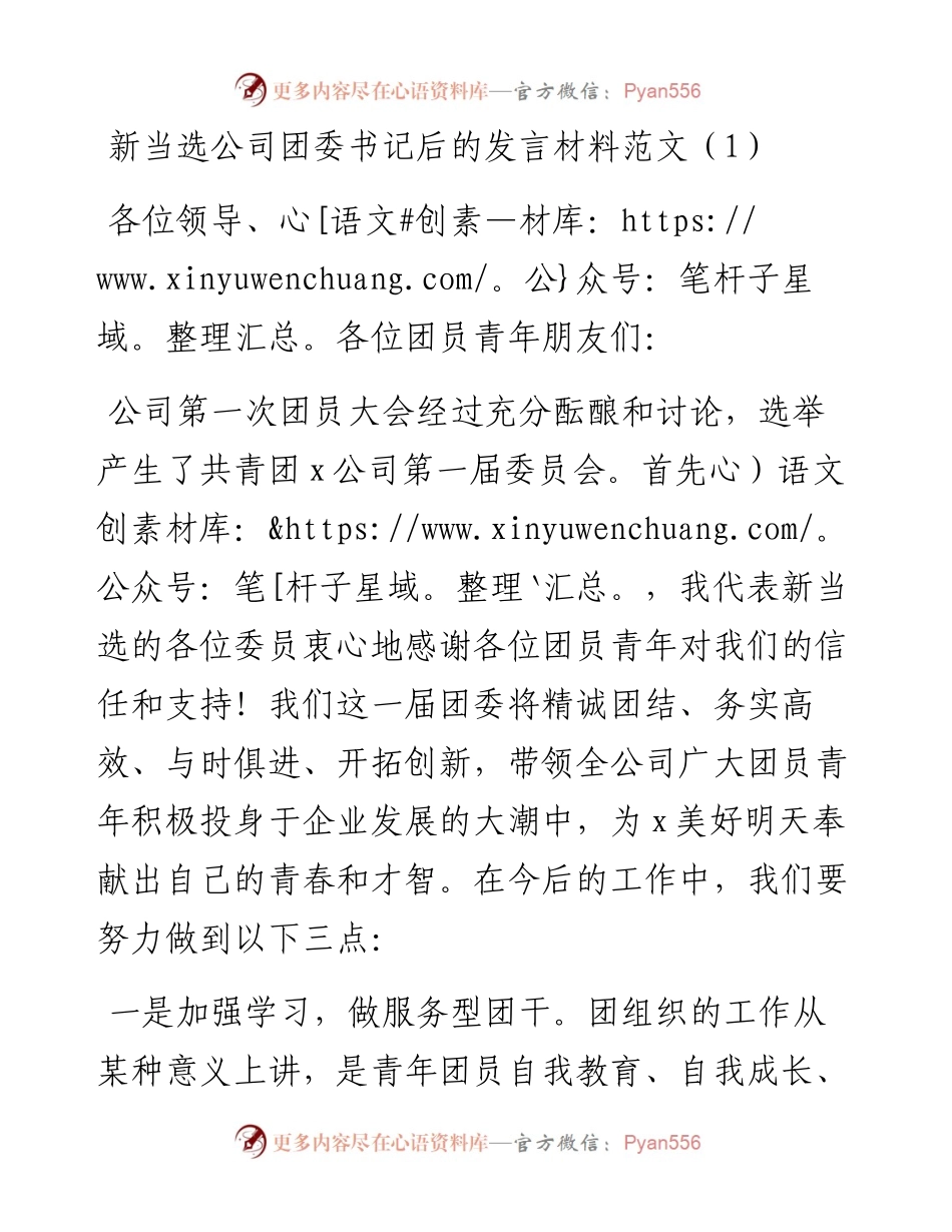 新当选公司团委书记后的发言材料2篇.docx_第1页