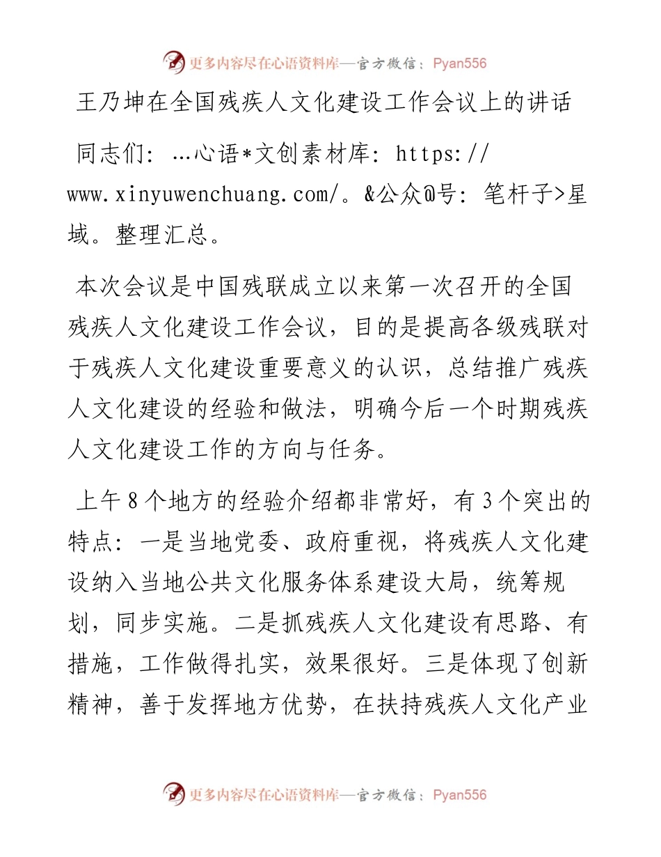 王乃坤：在全国残疾人文化建设工作会议上的讲话.docx_第1页