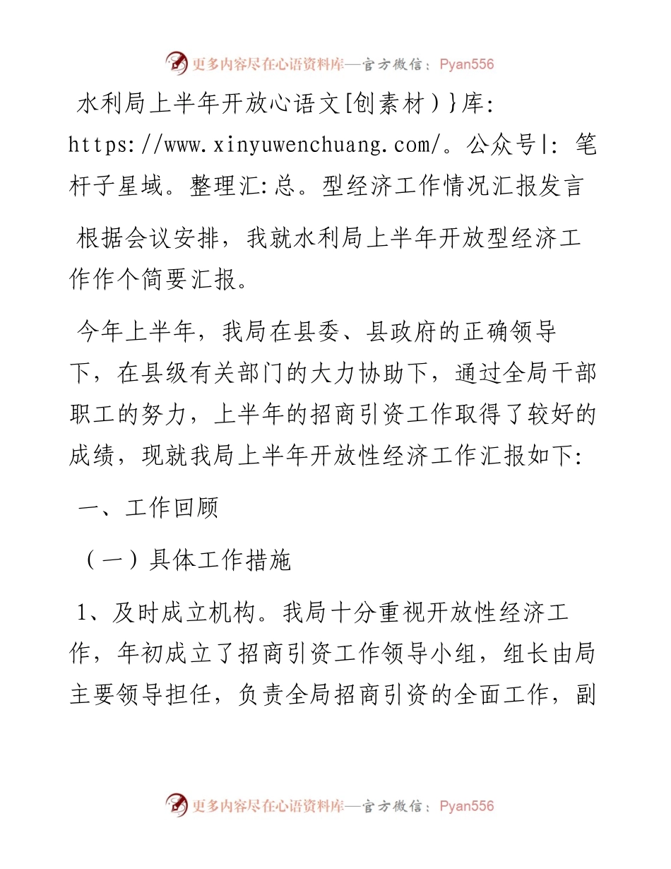 水利局上半年开放型经济工作情况汇报发言(1).docx_第1页