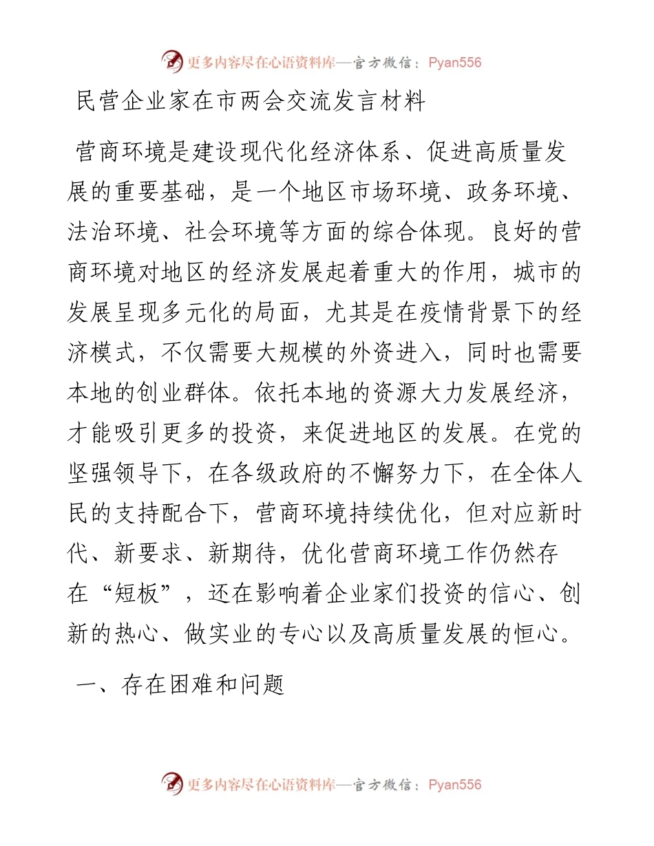 民营企业家在市两会交流发言材料.docx_第1页