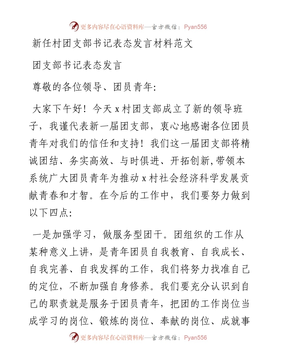 新任村团支部书记表态发言材料.docx_第1页