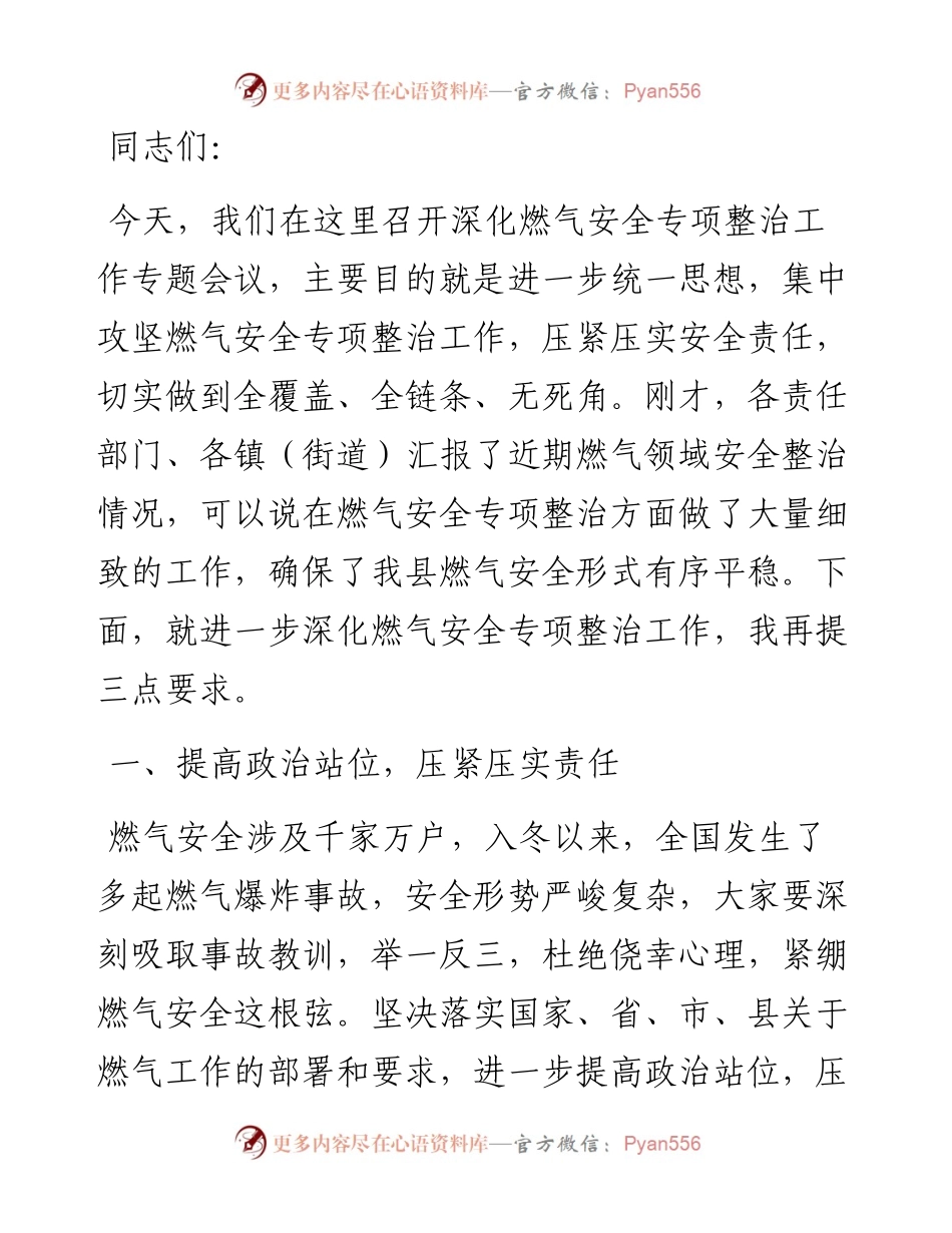 燃气安全专项整治讲话.docx_第1页